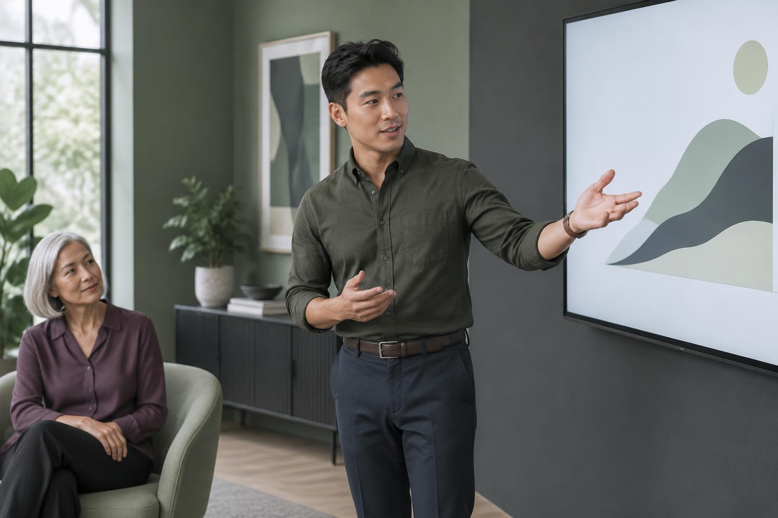 Illustrative team member presenting his recommendation while his manager listens