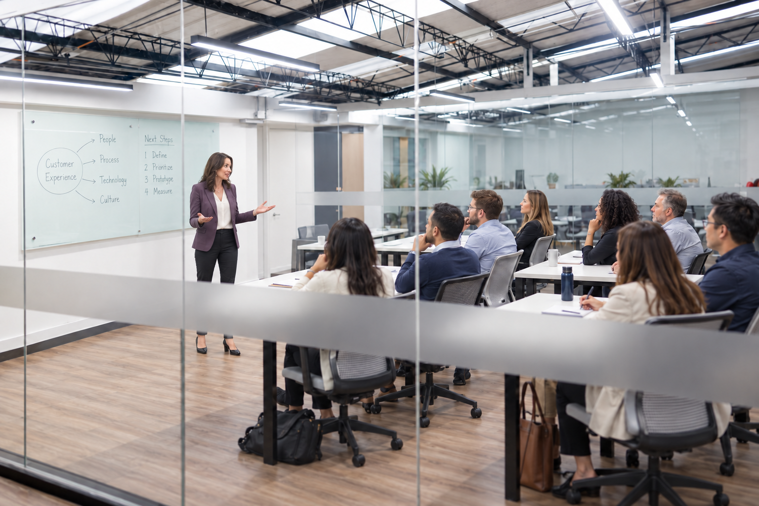 A facilitator in a plum blazer addressing a seated class from beside a glass board marked with a customer experience diagram, seen through a glass-walled meeting room