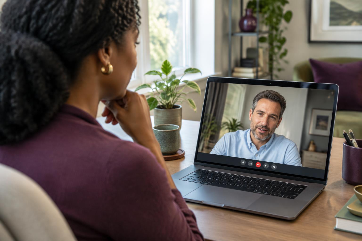 Illustrative two-person Teams-style coaching call, with a manager listening to a colleague on her laptop