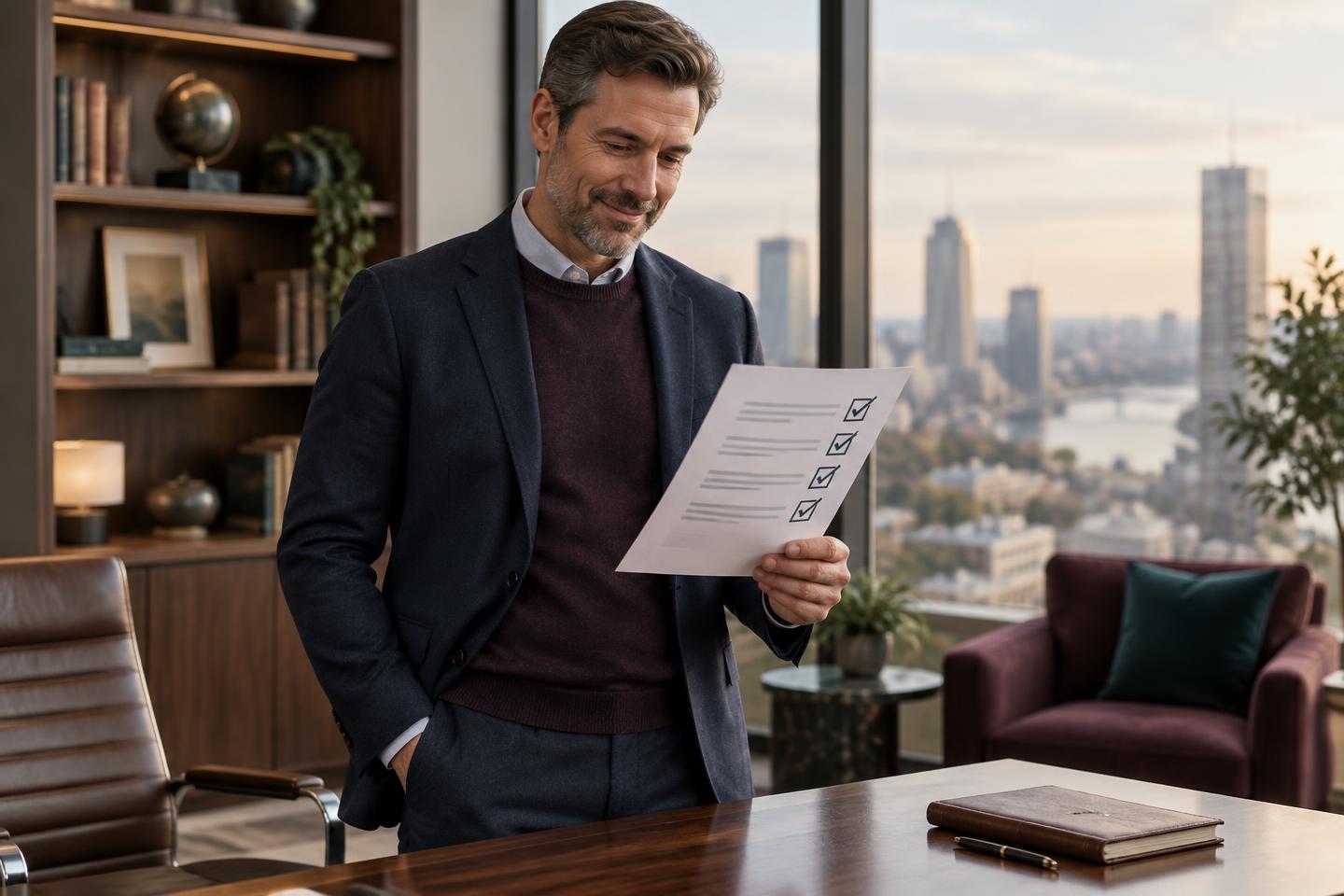 A leader in his office smiling as he reviews a goals plan with every item checked off