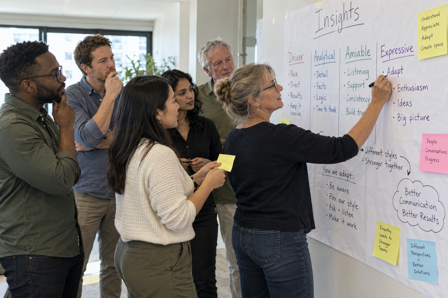 A facilitator writing on a large wall chart of communication styles while five colleagues stand close by reading it, one holding a sticky note, in a bright office with floor-to-ceiling windows