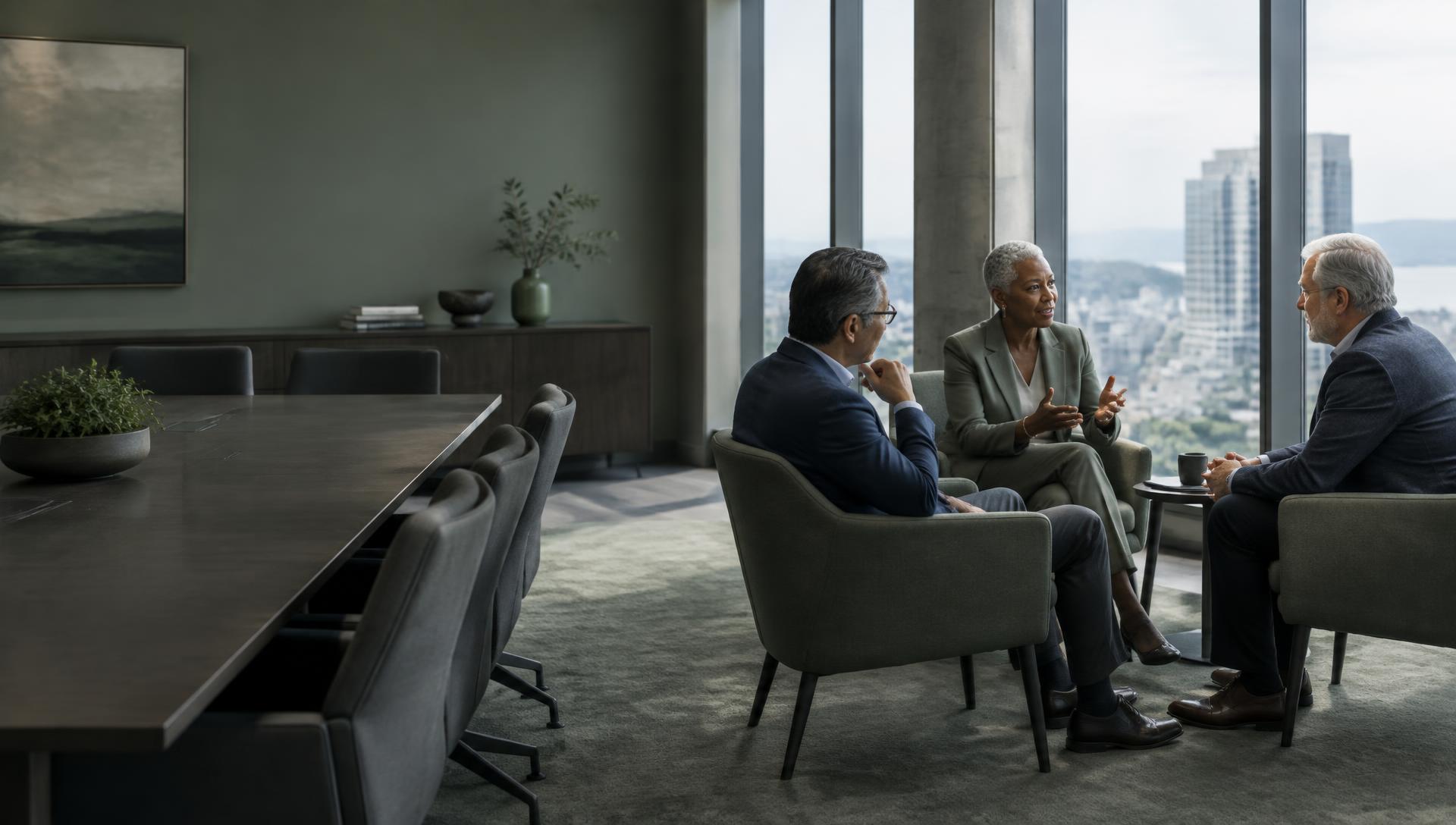 Senior professionals in a thoughtful leadership conversation