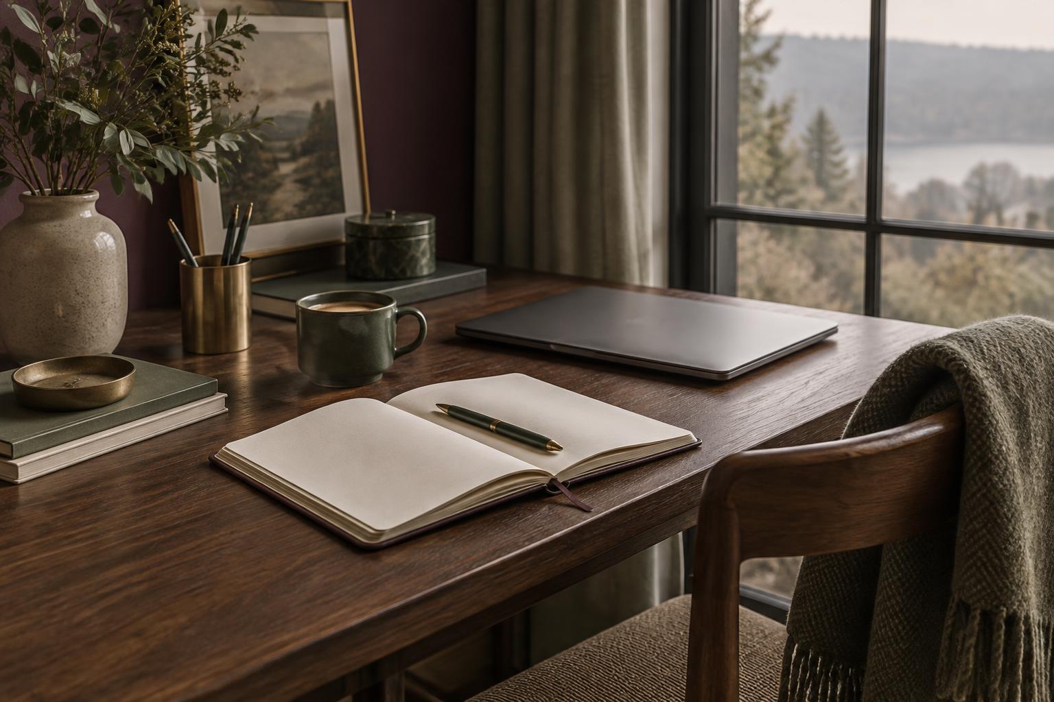 Open notebook, pen, and reading glasses on a desk in morning light