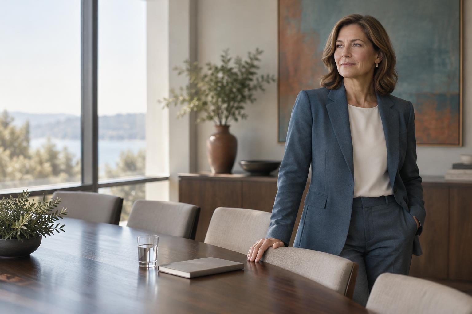 A composed executive standing at the head of a conference table in soft window light